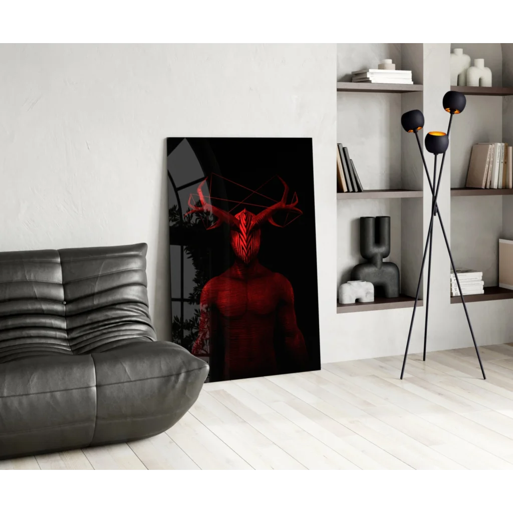 Majestic Red Deer glass wall art with glossy red devil horns and tail