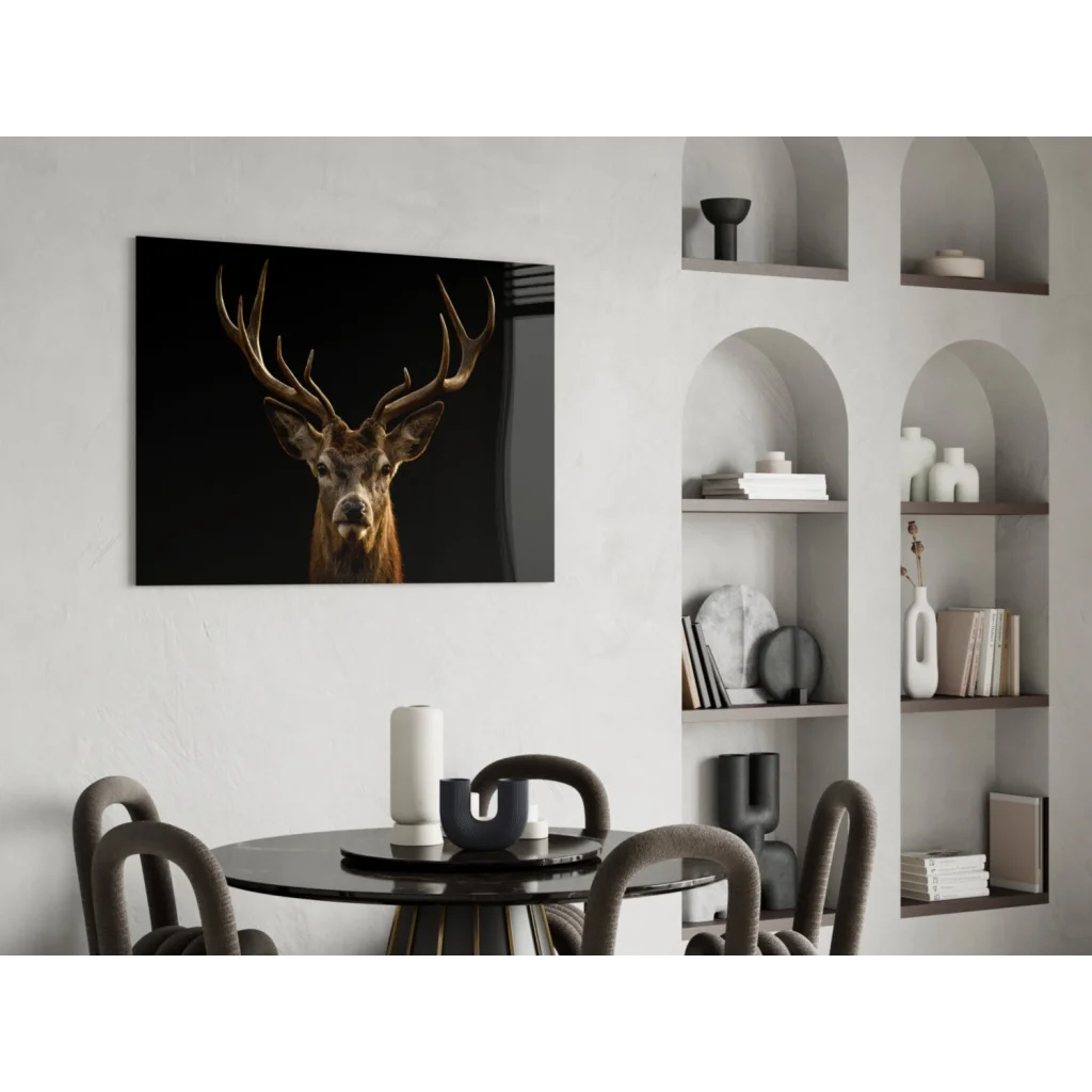 Majestic golden stag with antlers canvas wall art on black frame