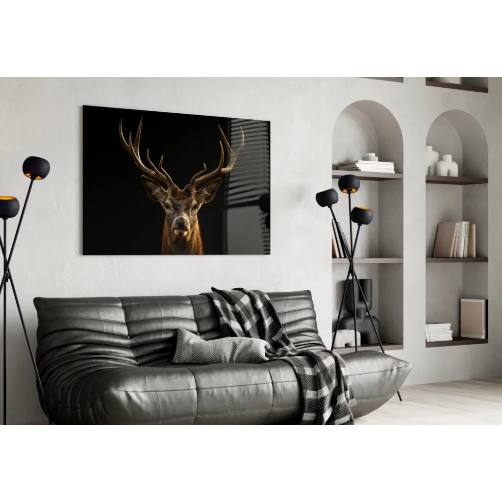 Majestic black-and-gold stag portrait canvas wall art on white wall