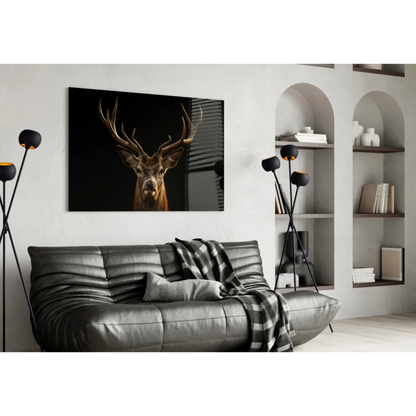 Majestic black-and-gold stag portrait canvas wall art on white wall
