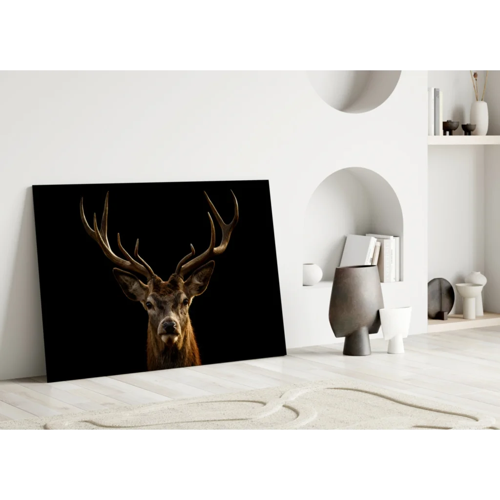 Majestic stag canvas wall art with detailed antlers on black