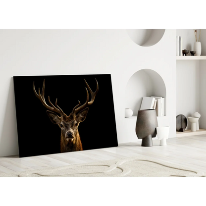 Majestic stag canvas wall art with detailed antlers on black