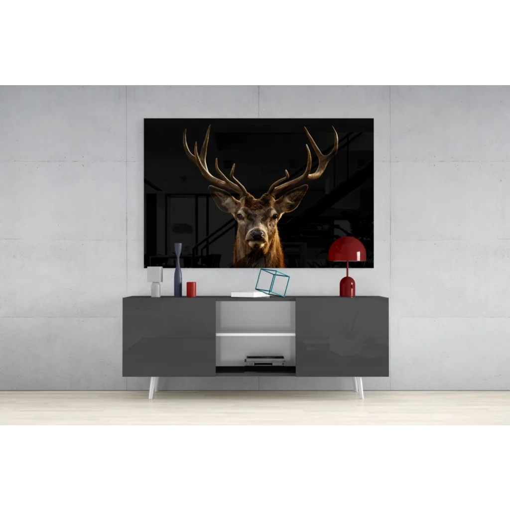 Majestic black-and-white stag antlers wall art on gray console