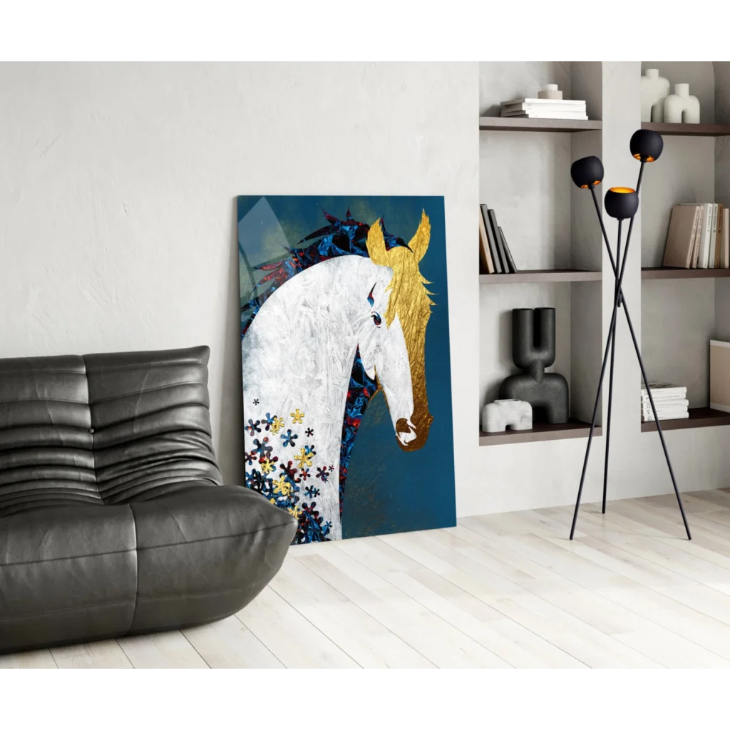 Vibrant white horse with golden mane and floral patterns wall art