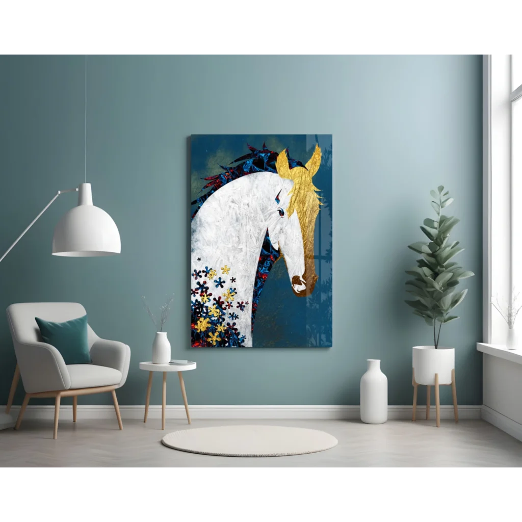 Vibrant white horse with golden mane and floral patterns wall art