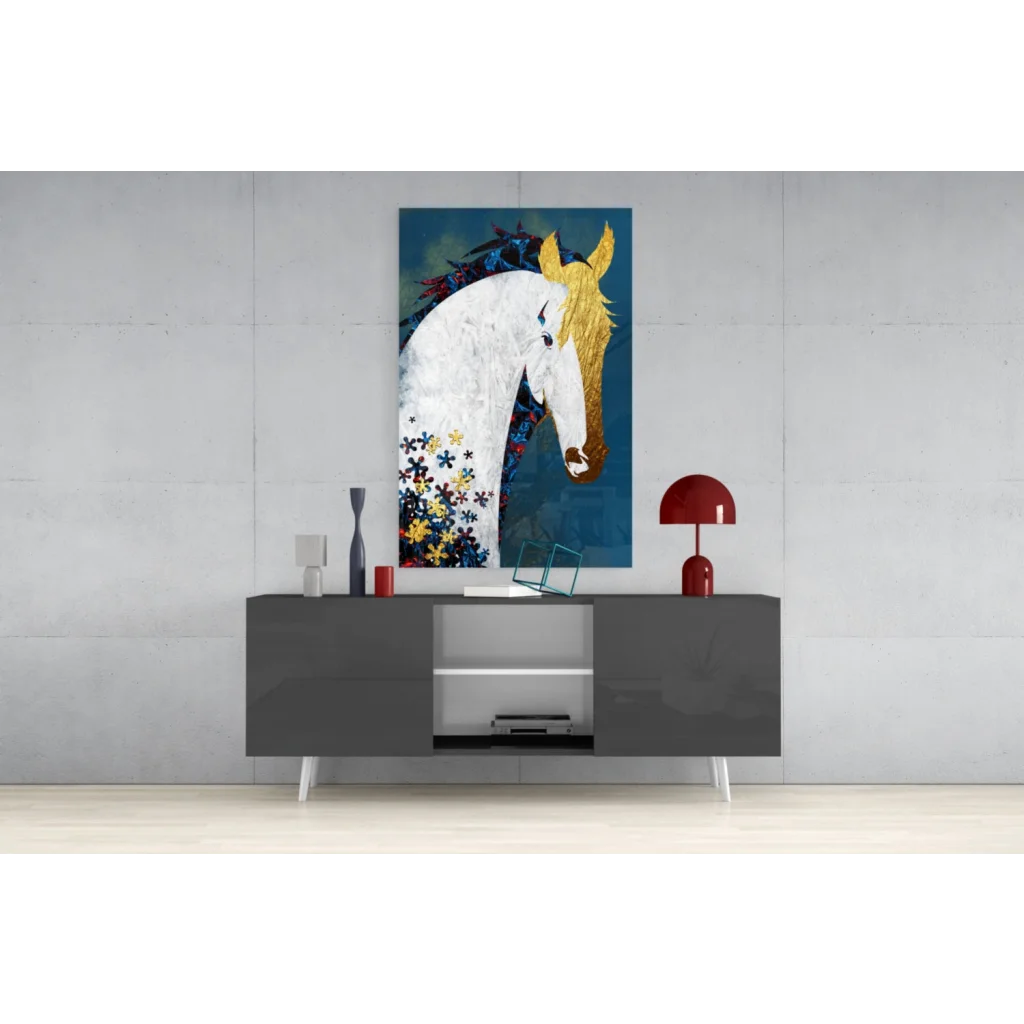 Majestic white horse with gold floral mane canvas wall art