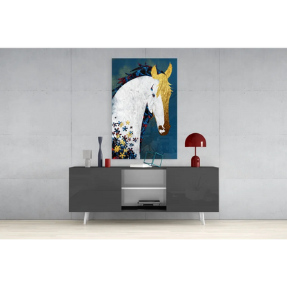 Majestic white horse with gold floral mane canvas wall art