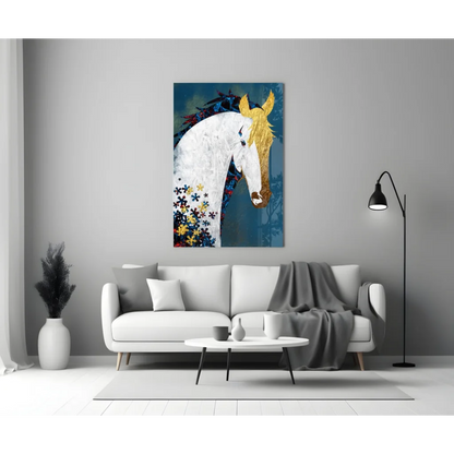 Vibrant white horse with golden mane and floral accents wall art