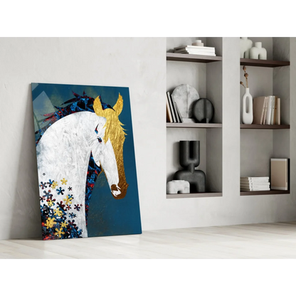 Vibrant white horse with golden mane and floral patterns on deep blue canvas wall art