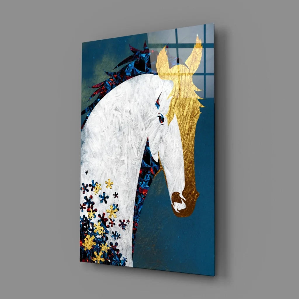 Majestic white horse gold floral canvas wall art on teal background