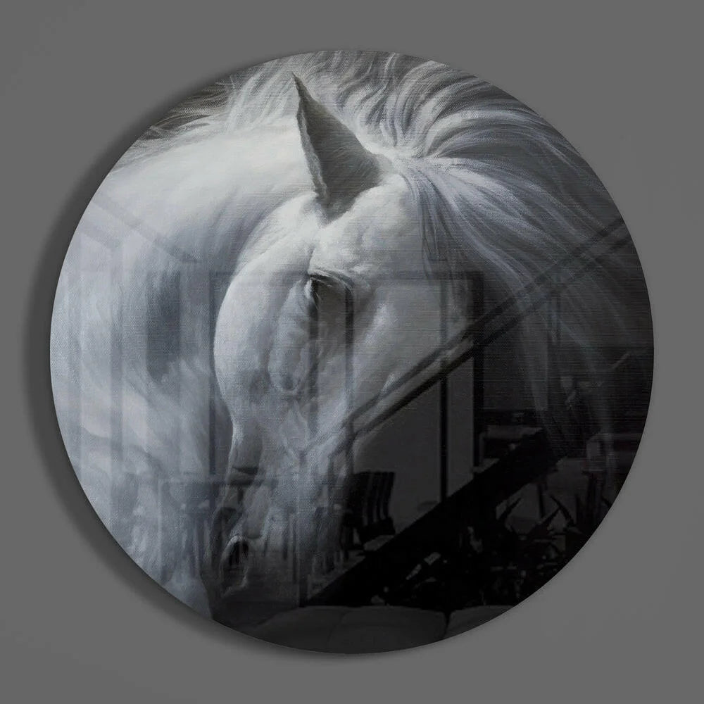 Majestic white horse black-and-white glass art with tempered glass size comparison