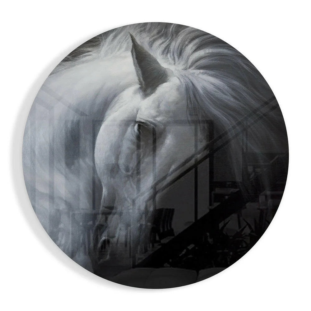 Majestic white horse tempered glass art with size comparison