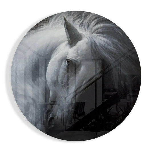 Majestic white horse tempered glass art with size comparison
