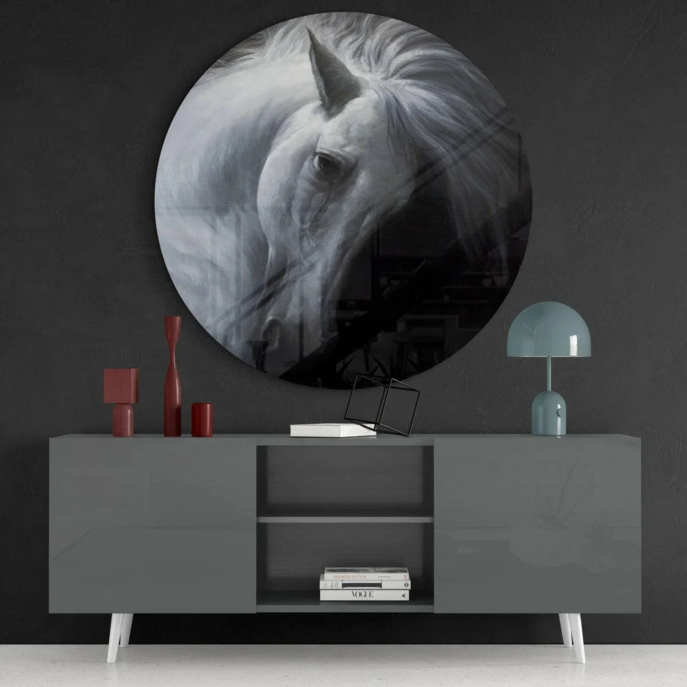 Majestic white horse tempered glass art with size comparison