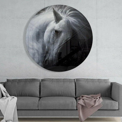 Majestic white horse head tempered glass art on wall