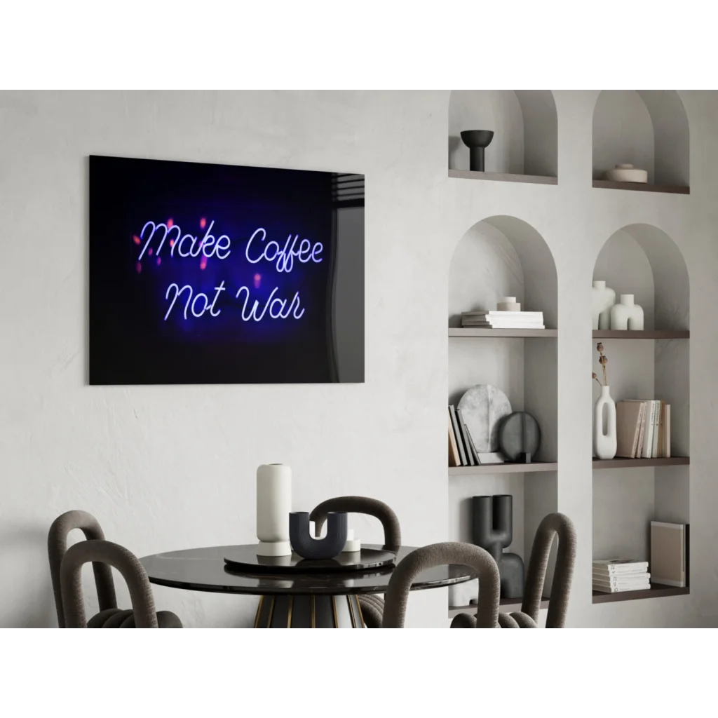 Sleek black-framed neon glass wall art glowing purple blue Make Coffee Not War