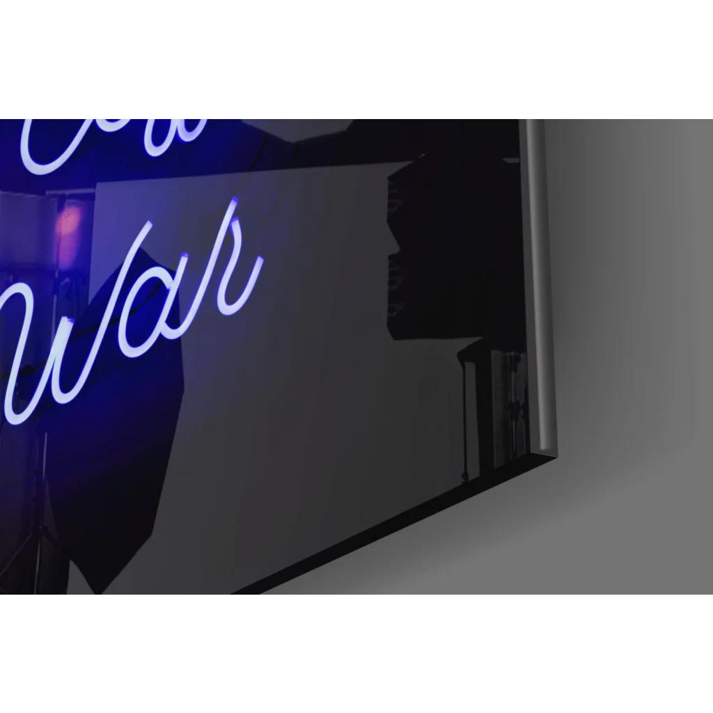 Glowing blue neon war cursive sign on glass wall art