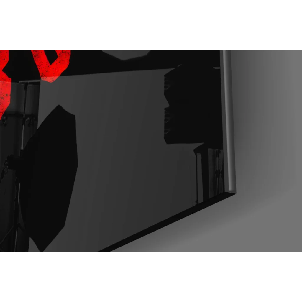 Black studio lighting gear with red accents in Make Mistakes Human Not Robot glass wall art