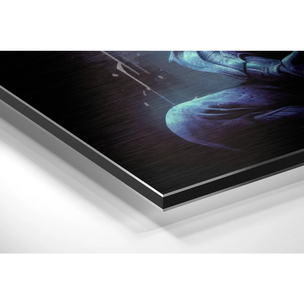 Sleek brushed aluminium dibond print with blue fantasy armored figures