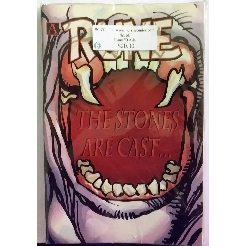 Malibu Comics Rune #0 cover with sharp teeth mouth and red text the stones are cast