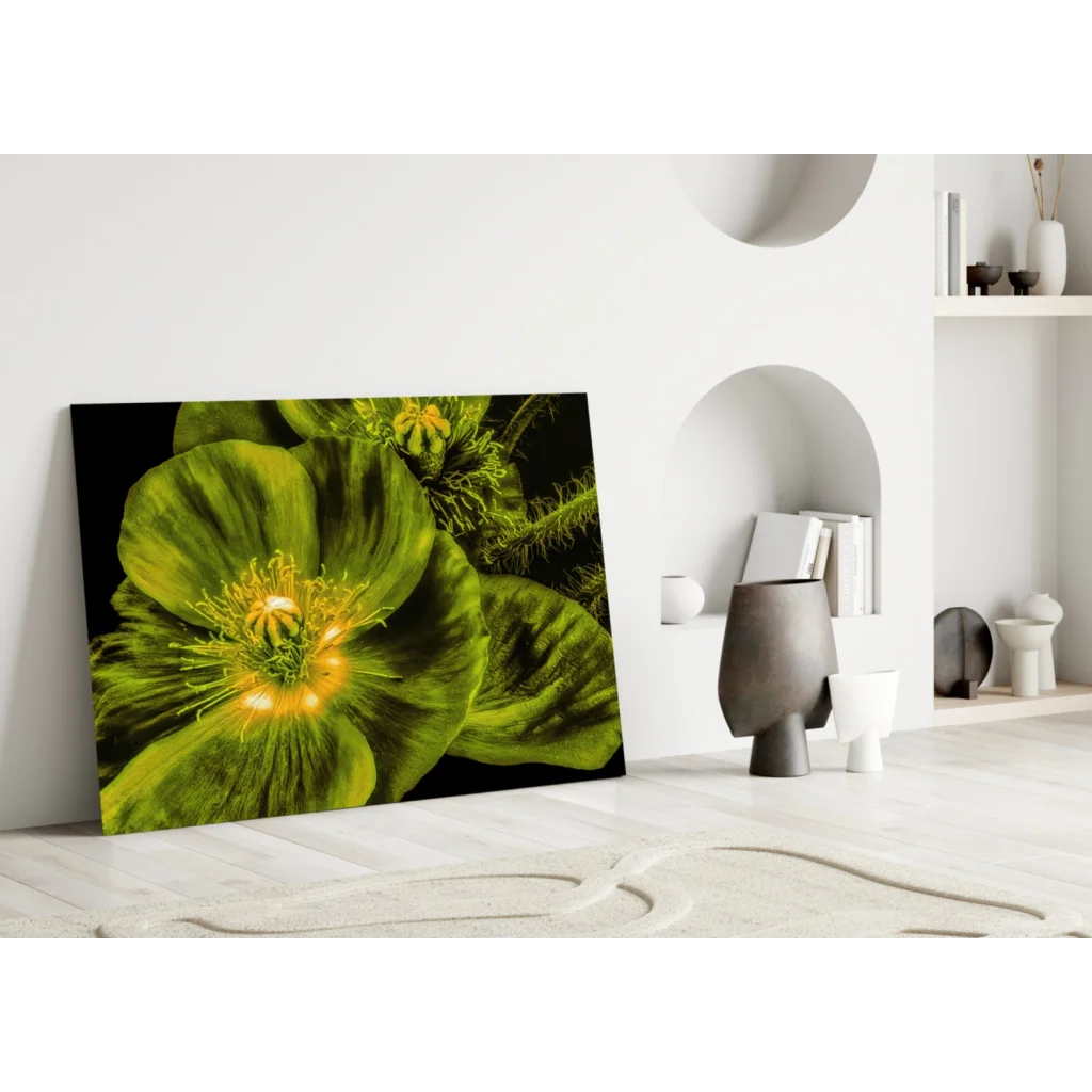Glowing Green Poppy Glass Wall Art with Yellow Center | Modern Wall Art Decor | vintageantiquesgifts.com