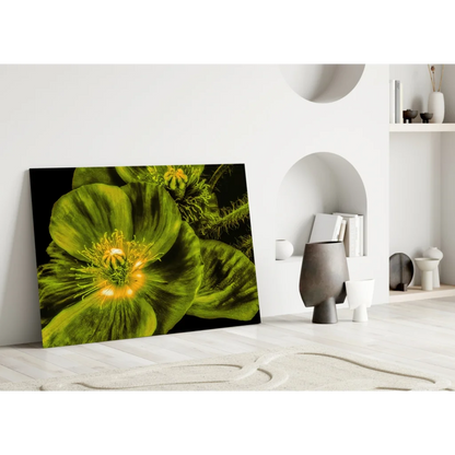 Glowing Green Poppy Glass Wall Art with Yellow Center | Modern Wall Art Decor | vintageantiquesgifts.com