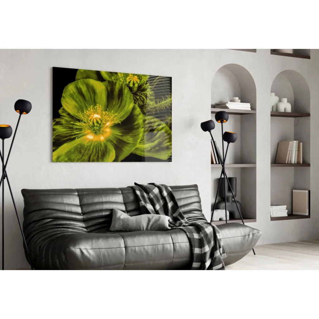 Glowing Green Poppy Glass Wall Art with Yellow Center | Contemporary Home Wall Art | vintageantiquesgifts.com