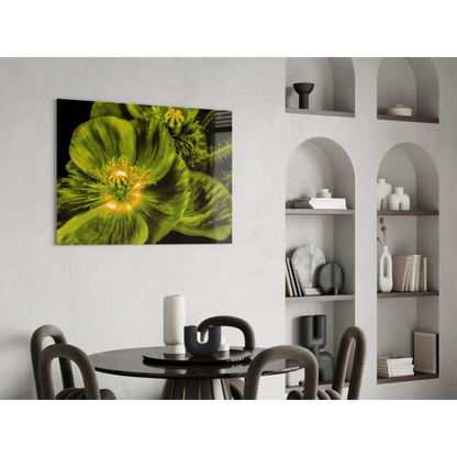 Vibrant green poppy glass wall art with yellow center in black frame