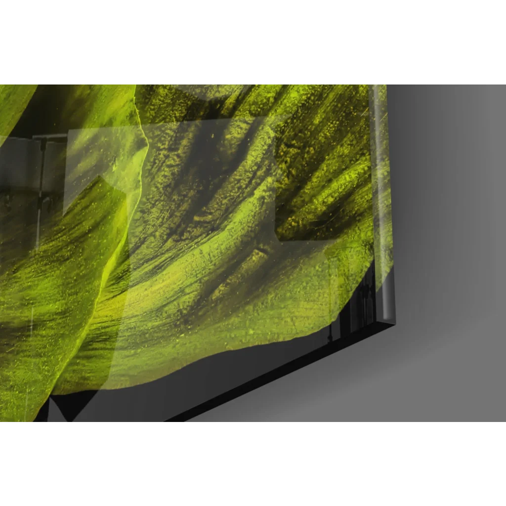 Vibrant lime green and black abstract on sleek curved-screen TV glass wall art