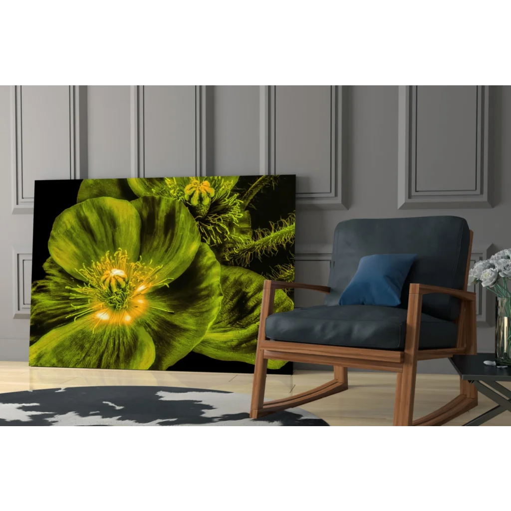 Glowing green poppy glass wall art with vibrant yellow center