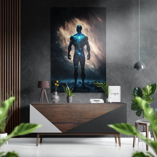 Muscular cosmic silhouette glowing blue on brushed aluminium dibond wall art