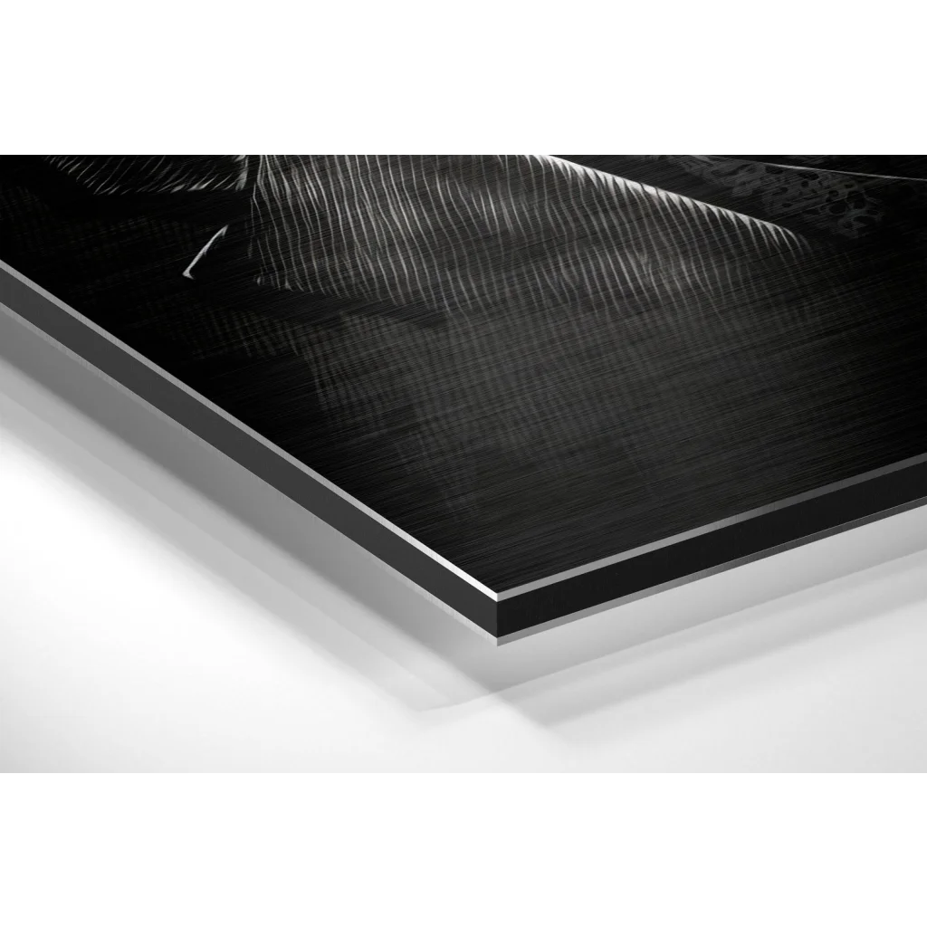 Black abstract textured striated art on brushed aluminium dibond in modern frame