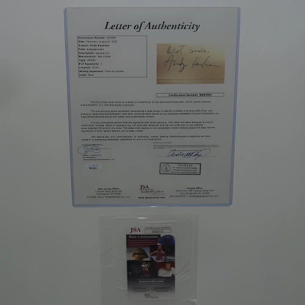 JSA-certified authenticity letter for deluxe framed Andy Kaufman and Jim Carrey signed Man on the Moon poster