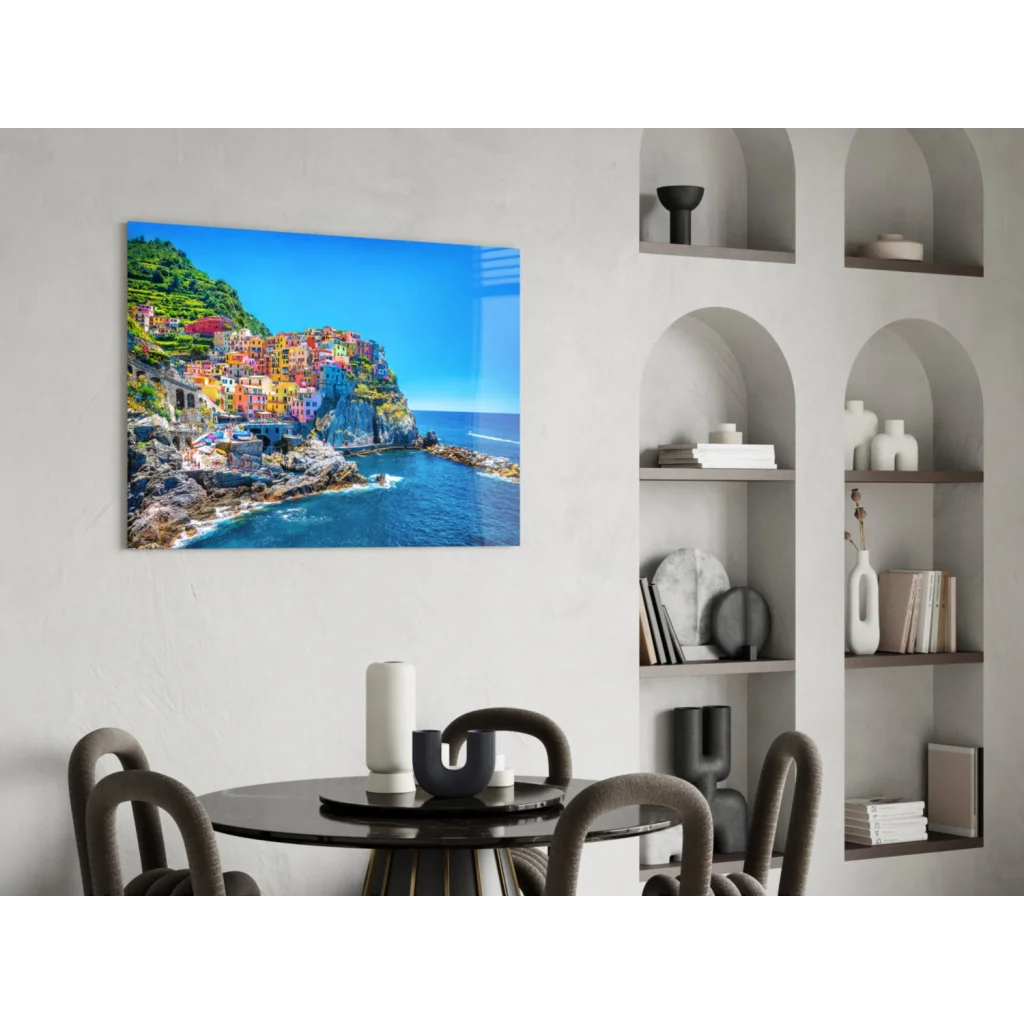 Vibrant glass wall art of colorful Manarola coastal village, Italy
