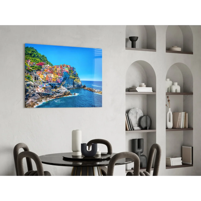 Vibrant glass wall art of colorful Manarola coastal village, Italy