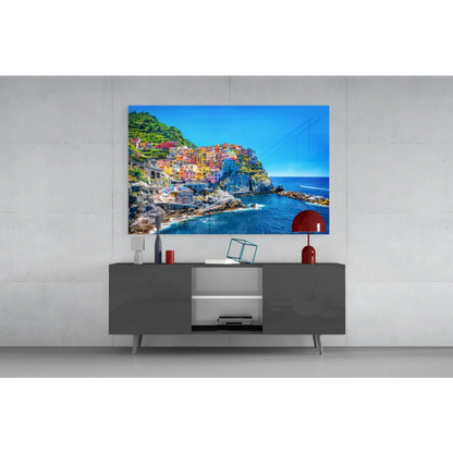 Vibrant coastal village on sleek modern wall art canvas print