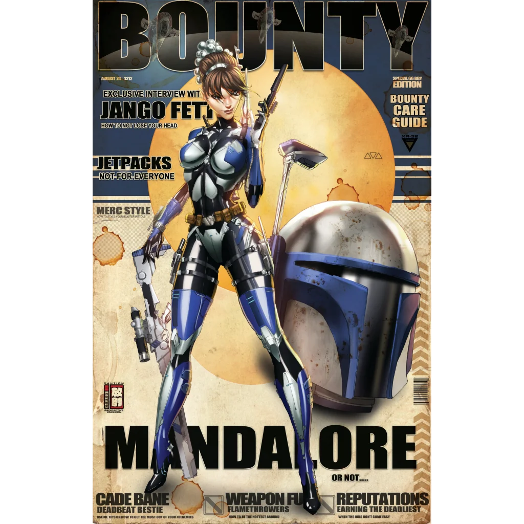 2018 Mandalorian female bounty hunter on brushed aluminum print