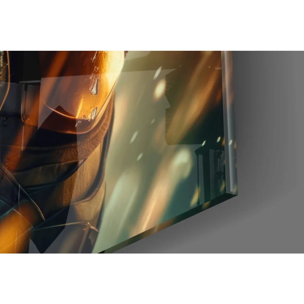 Sleek framed Mandalorian Gold Armor glass wall art with golden teal abstract design