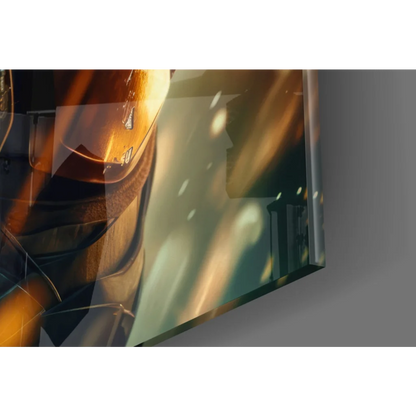 Mandalorian Gold Armor glass wall art with vibrant golden teal hues