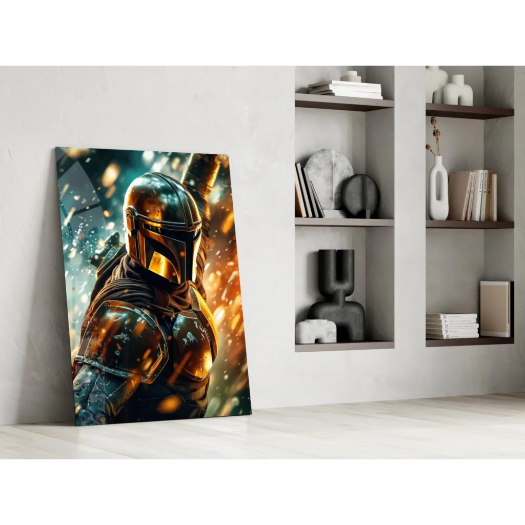 Vibrant Mandalorian Gold Armor glass wall art poster with glowing highlights