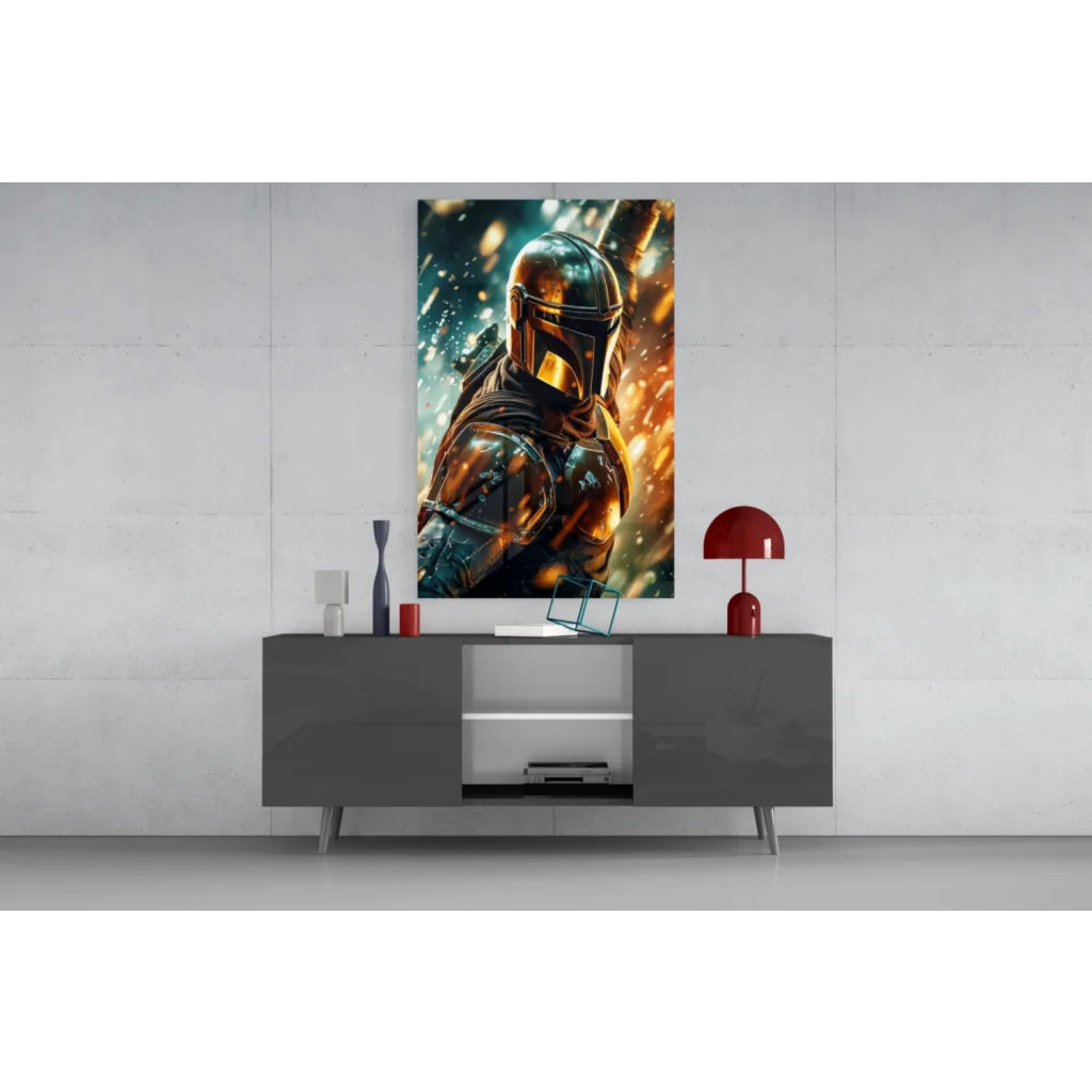 Vibrant Mandalorian Gold Armor glass wall art with fiery orange teal effects