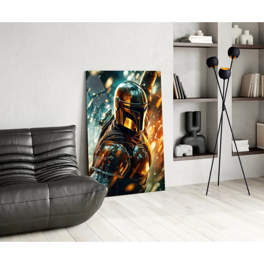 Vibrant Mandalorian in golden armor on fiery starry glass wall art