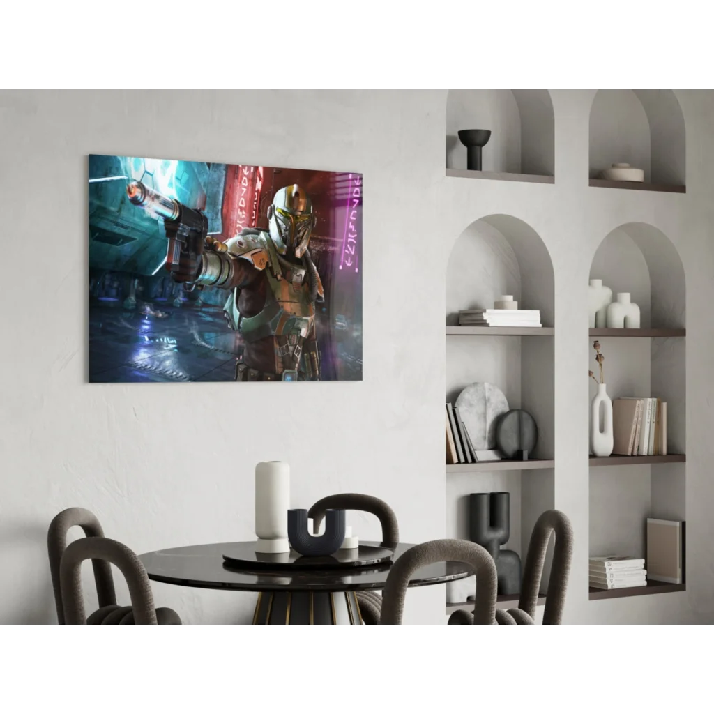Mandalorian warrior in gold green armor with blaster, cyberpunk neon wall art canvas print