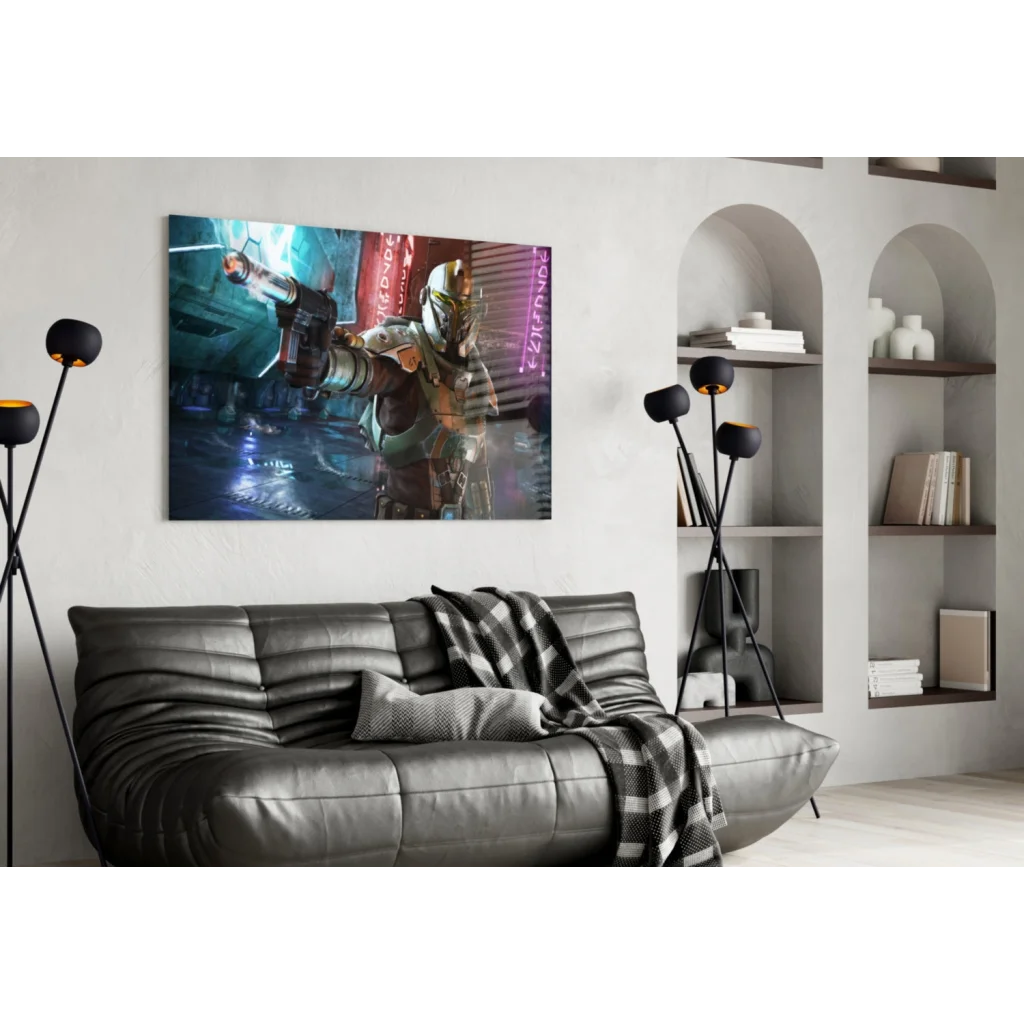 Mandalorian warrior in cyberpunk neon wall art canvas print