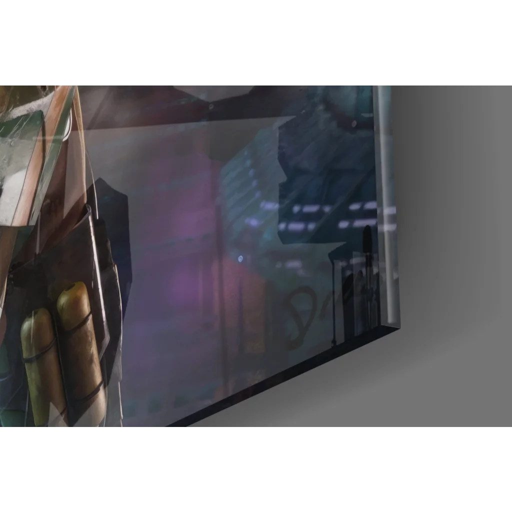 Futuristic Mandalorian warrior cyberpunk neon cityscape on sleek dark-framed glass wall art