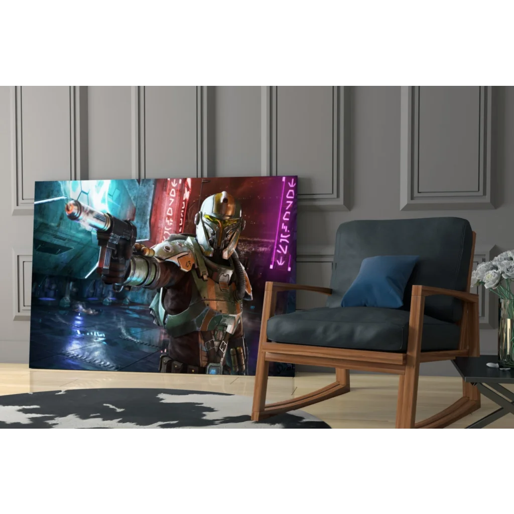 Mandalorian warrior in cyberpunk neon wall art canvas print