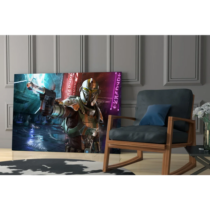 Mandalorian warrior in cyberpunk neon wall art canvas print