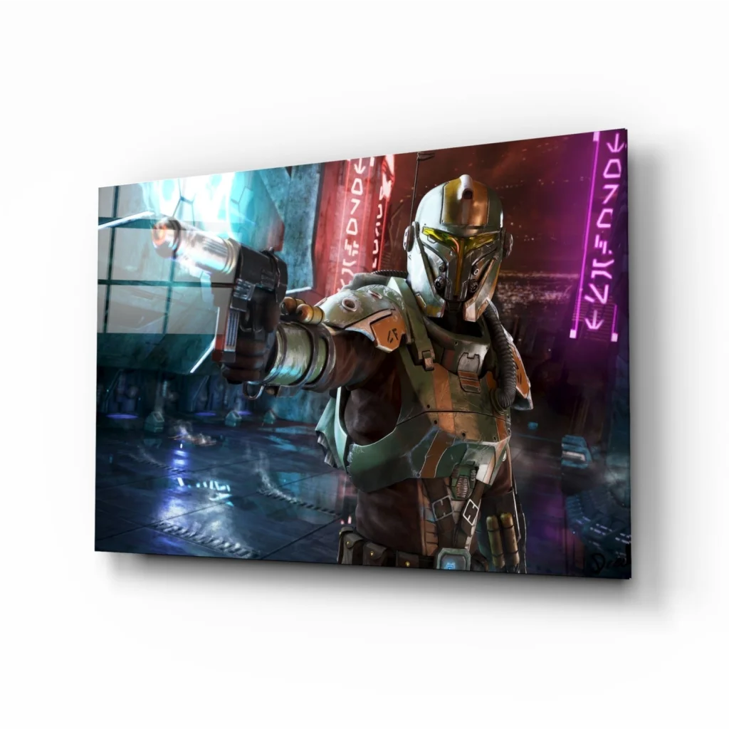 Mandalorian warrior in cyberpunk neon wall art canvas print