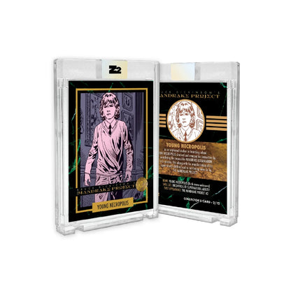 Mandrake Project collectible trading cards in clear plastic cases with long-haired young person