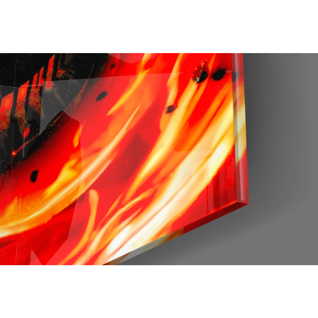 Fiery anime character glass wall art with vibrant red orange flame design